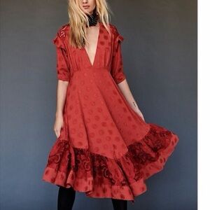 Free People Deep Red Midi Dress with Lace Accents